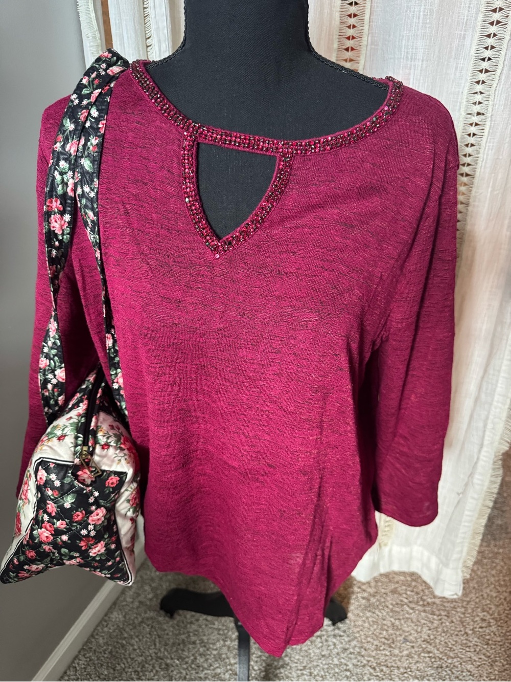Juicy Couture Beaded Keyhole Long Sleeve Top - Berry